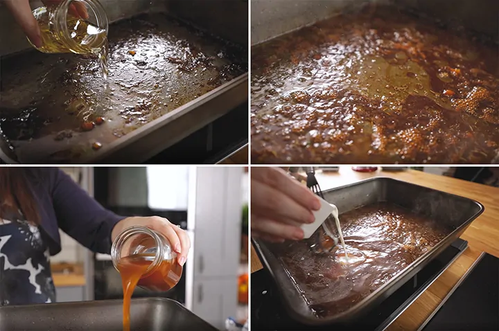 Collage of 4 images showing how to make lamb and cider gravy