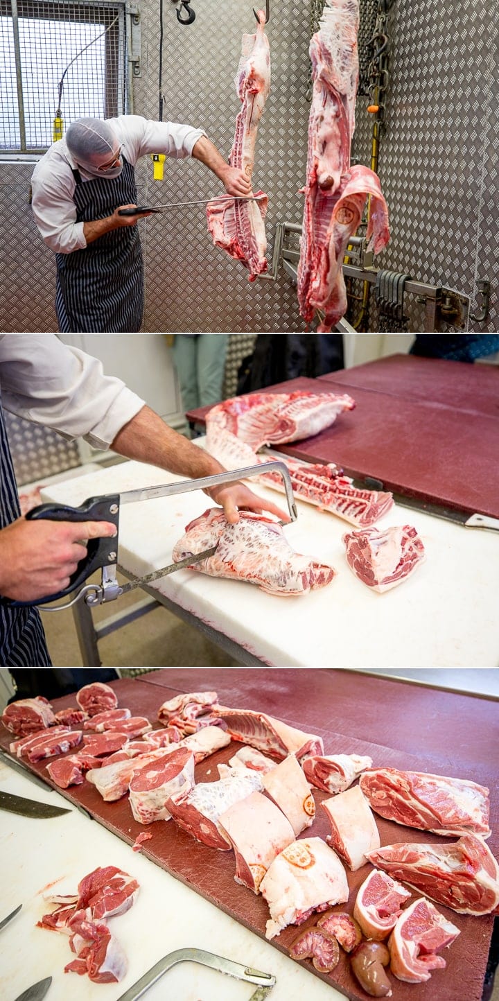 3 image collage of butchery at Hugh Phillips butchers.