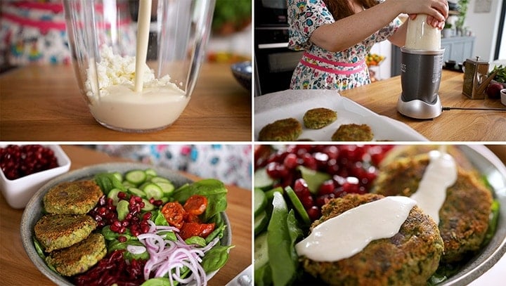 4 image collage showing how to make feta dip
