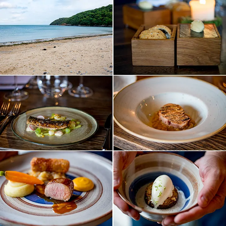 Collage of 6 images showing meal at Beach House Restaurant in Oxwich Bay