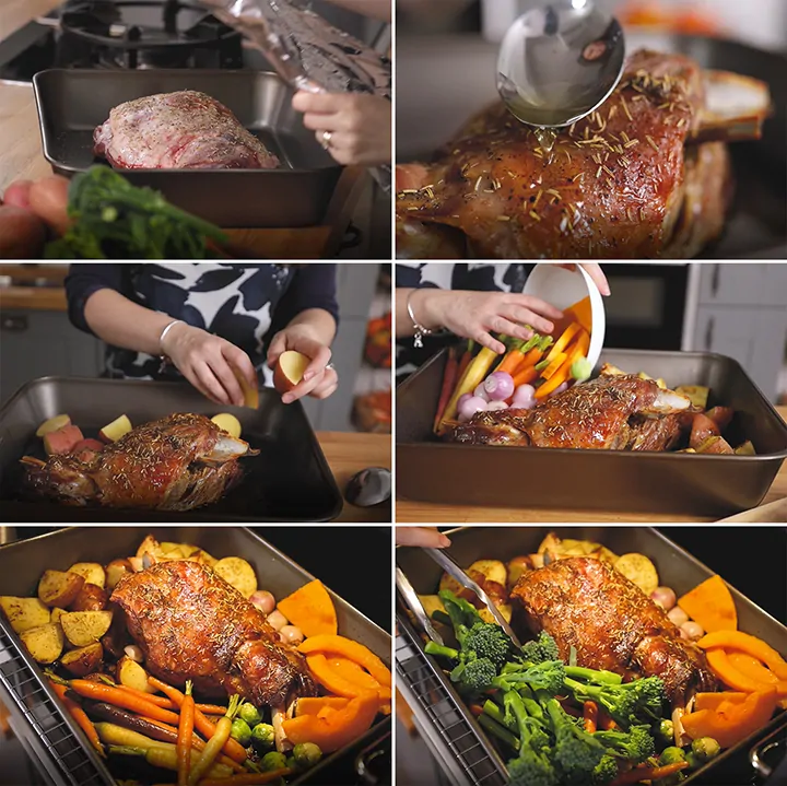 Collage of 6 images showing how to make roast lamb and vegetables in one tin