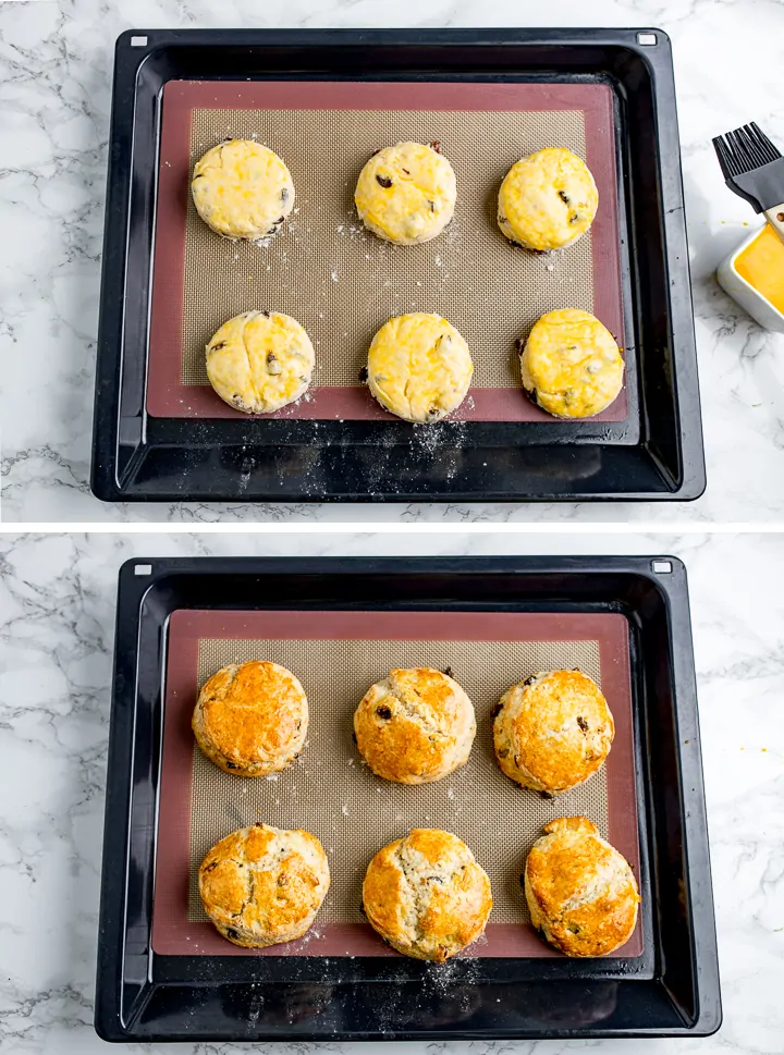Two images of scones on a baking tray showing before and after baking
