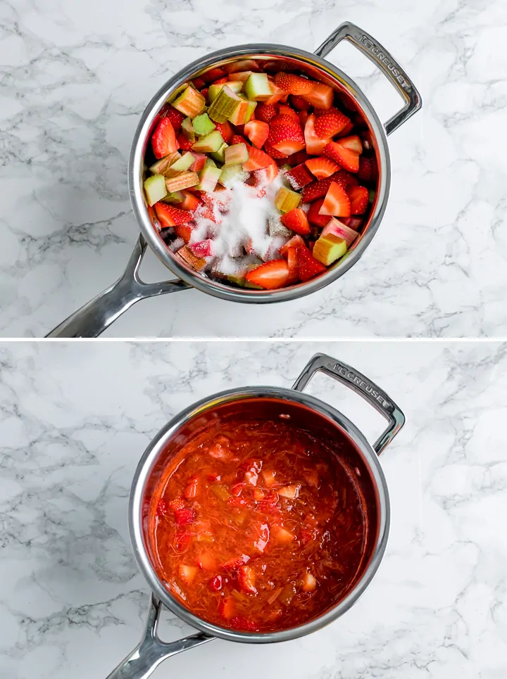Two image collage of a pan of rhubarb and strawberry compote - before and after cooking.