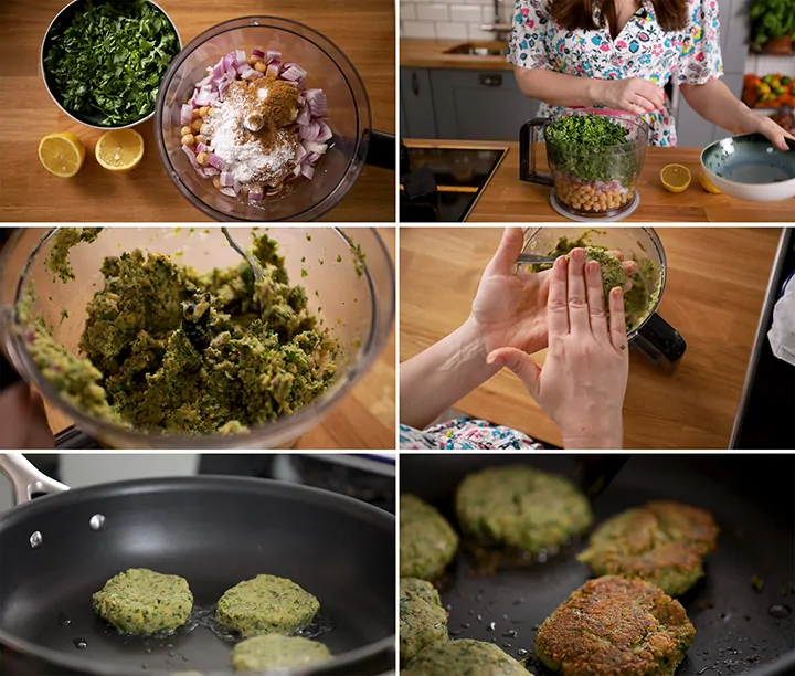 Six image collage showing how to make falafel