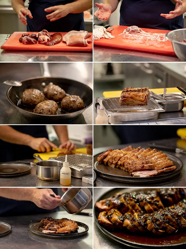Collage of 8 images showing prep of faggots and lamb with laverbread sauce