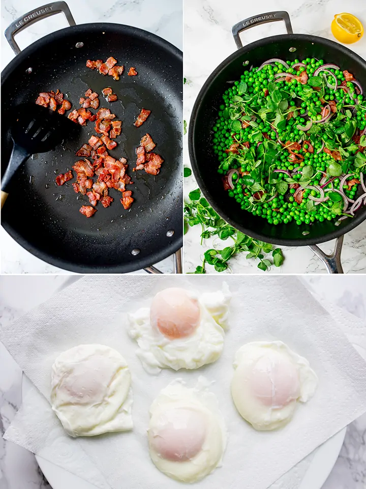 3 photo collage of making bacon and pea salad and poached eggs