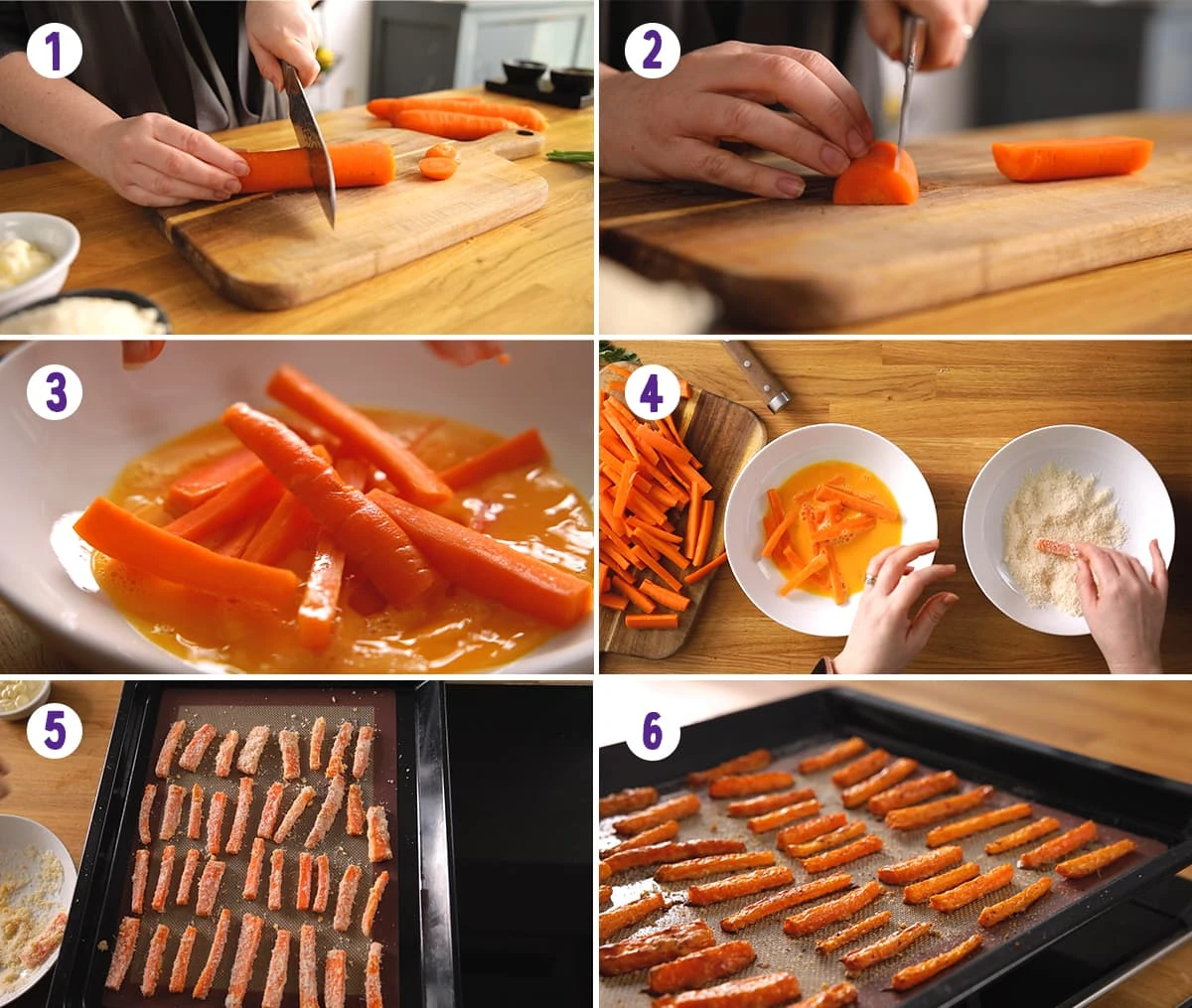 6 image collage showing how to make carrot fries