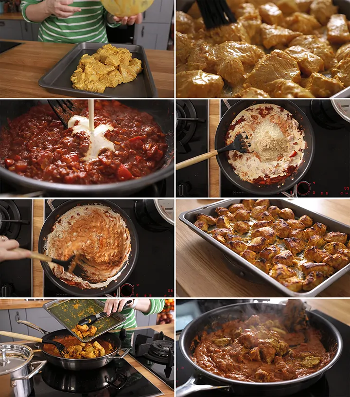 8 image collage showing how to make chicken tikka masala