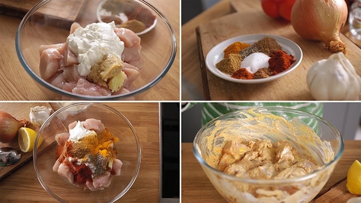 4 image collage showing how to marinade chicken for chicken tikka masala