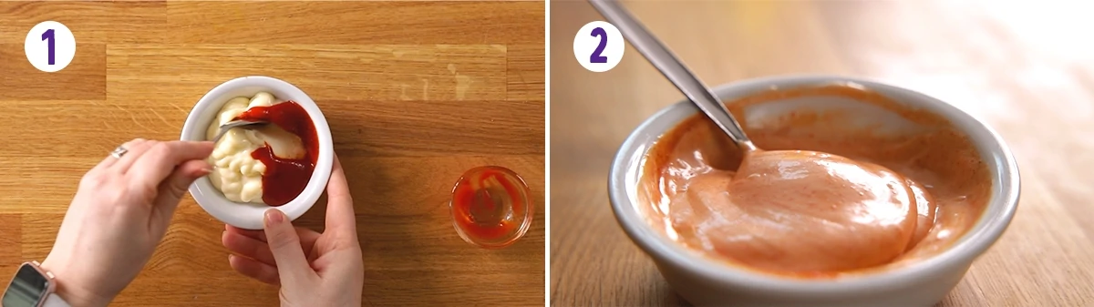 2 image collage showing how to make sriracha mayo