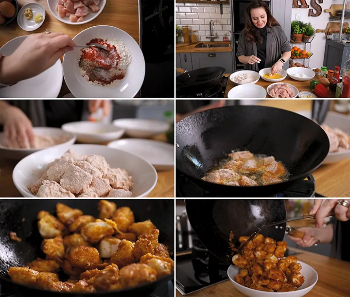 Collage showing steps for making crispy chicken for sweet and sour chicken