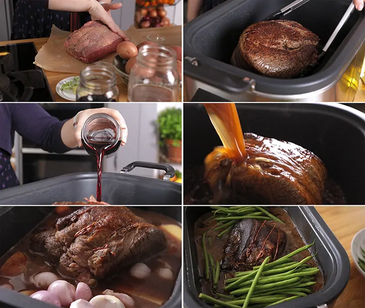 6 image collage showing how to make pot roast beef in the slow cooker