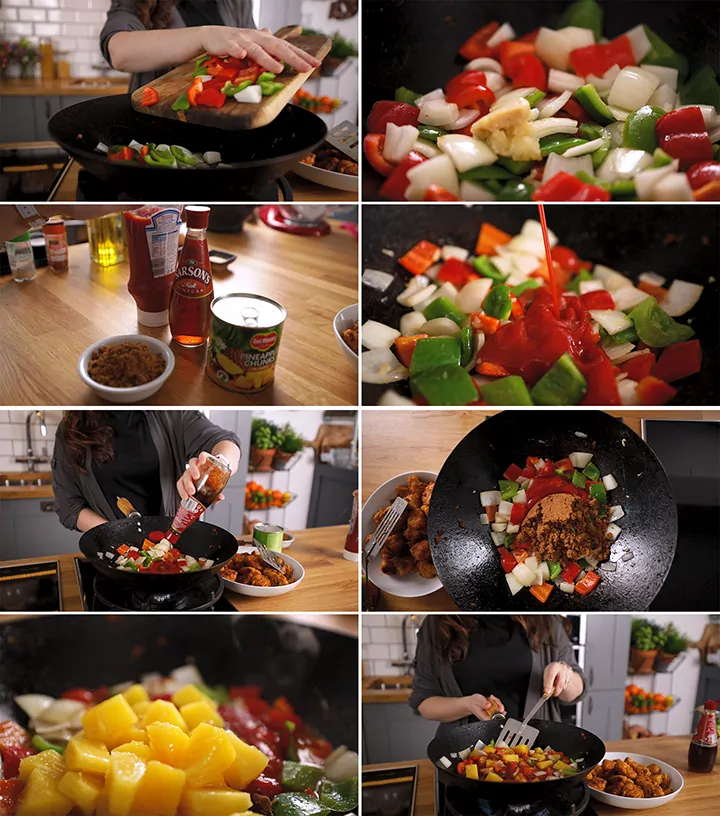 Collage of steps fro making sweet and sour chicken