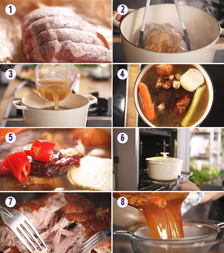 8 image collage showing initial steps for making slow cooked pork ramen