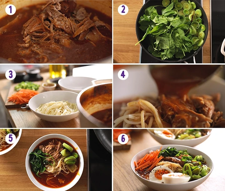 6 image collage showing final steps for making slow cooked pork ramen