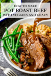Gravy being poured onto plate of sliced beef and vegetables. Text overlay on the image