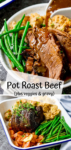 Two image collage of pot roast beef with vegetables and gravy