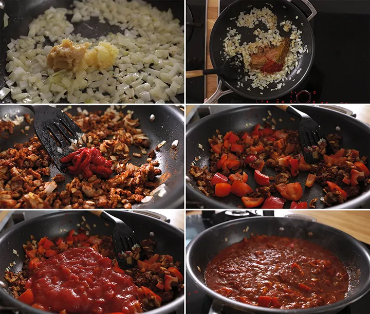 6 image collage showing initial steps of making masala sauce for chicken tikka masala