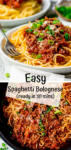 Two image collage of spaghetti bolognese on a white plate and in the pan.