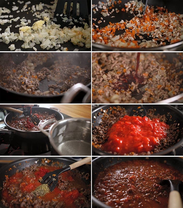 8 image collage showing how to make spaghetti bolonese