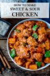 Sweet and sour chicken in a bowl with text overlay