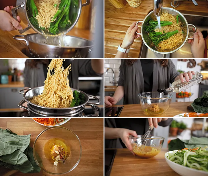 6 image collage showing prep to make noodle salad with miso dressing