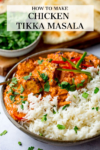 Chicken tikka masala in a bowl, text overlay on the image