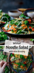 Two image collage of winter noodle salad on dark background