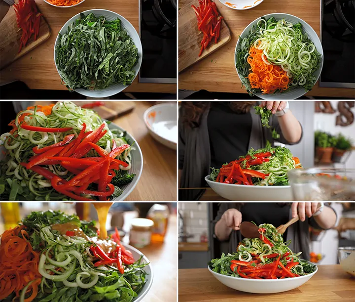 6 image collage showing assembly steps of winter noodle salad