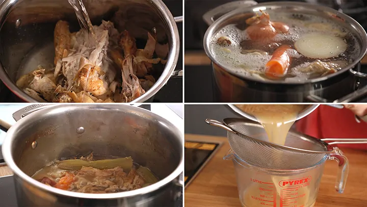 4 image collage showing how to make chicken stock