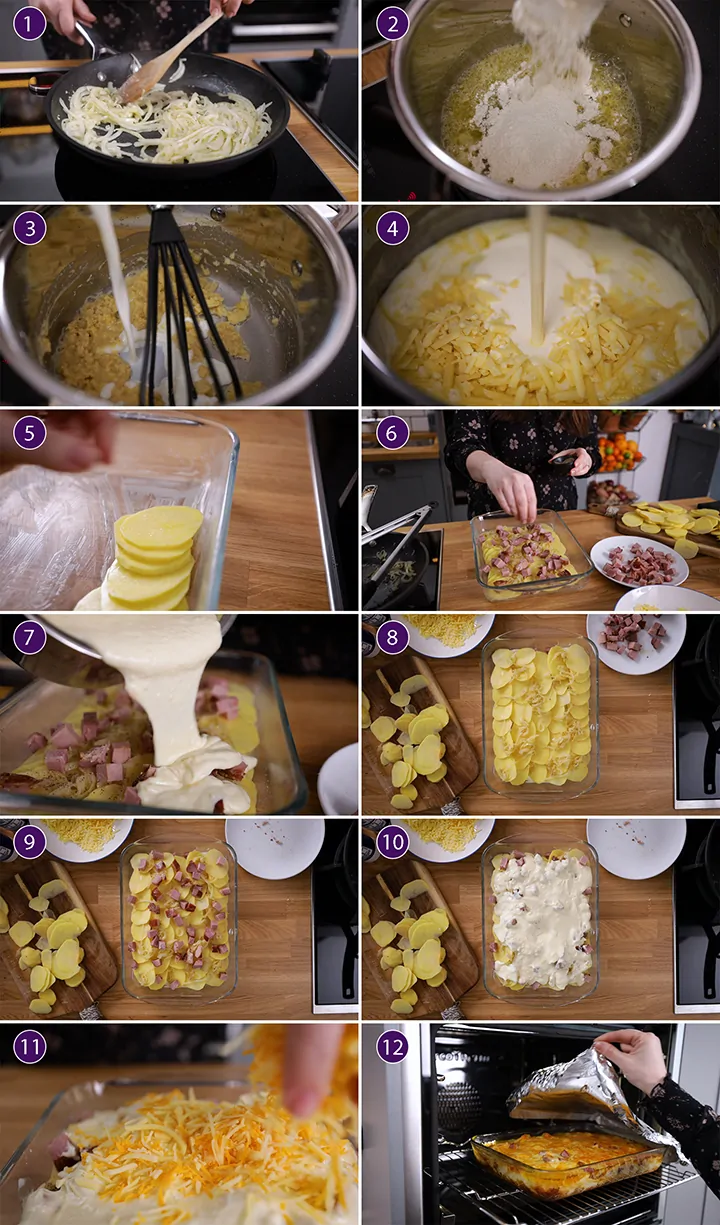 12 photo collage showing how to make scalloped potatoes with ham