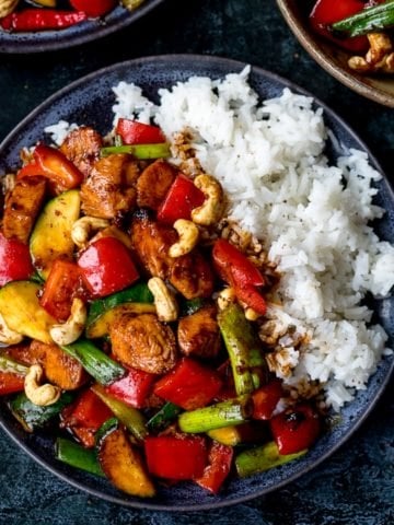 Square image of kung pao chicken with rice