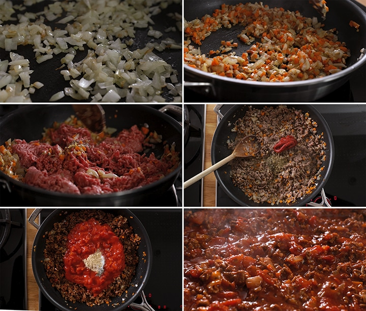 6 image collage showing how to make the meat ragu sauce