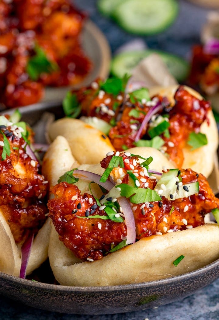 Mini Korean chicken bao buns in a bowl