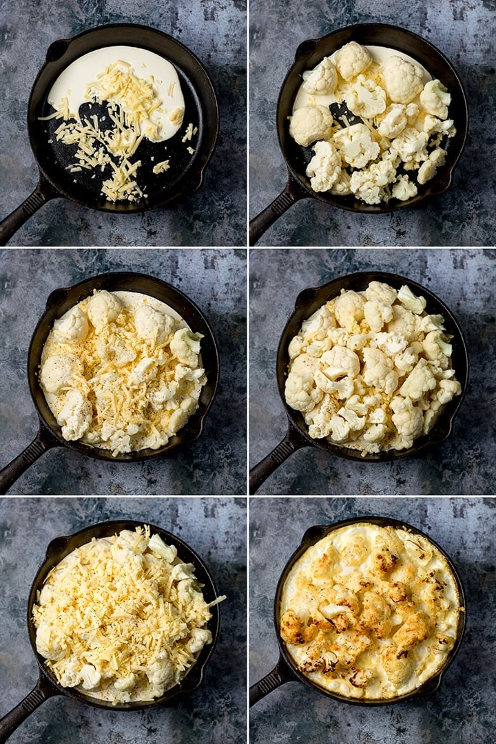 6 image collage showing how to make easy cauliflower cheese