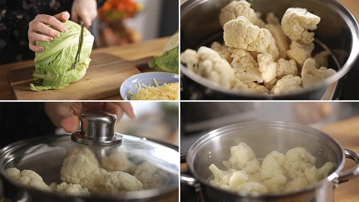 4 image collage showing how to steam cauliflower