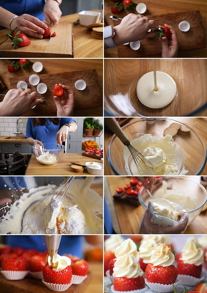 Collage image showing how to make cheesecake stuffed strawberries
