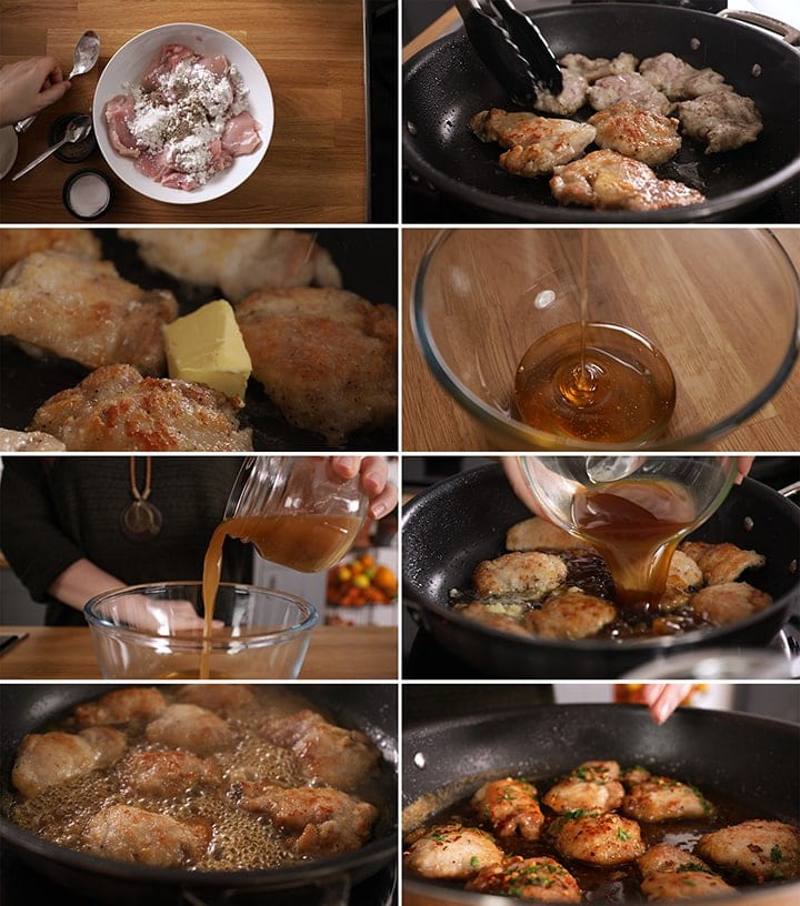 8 image collage of how to make honey garlic chicken