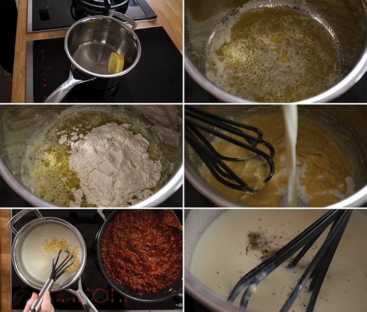 6 image collage showing how to make white sauce or béchamel