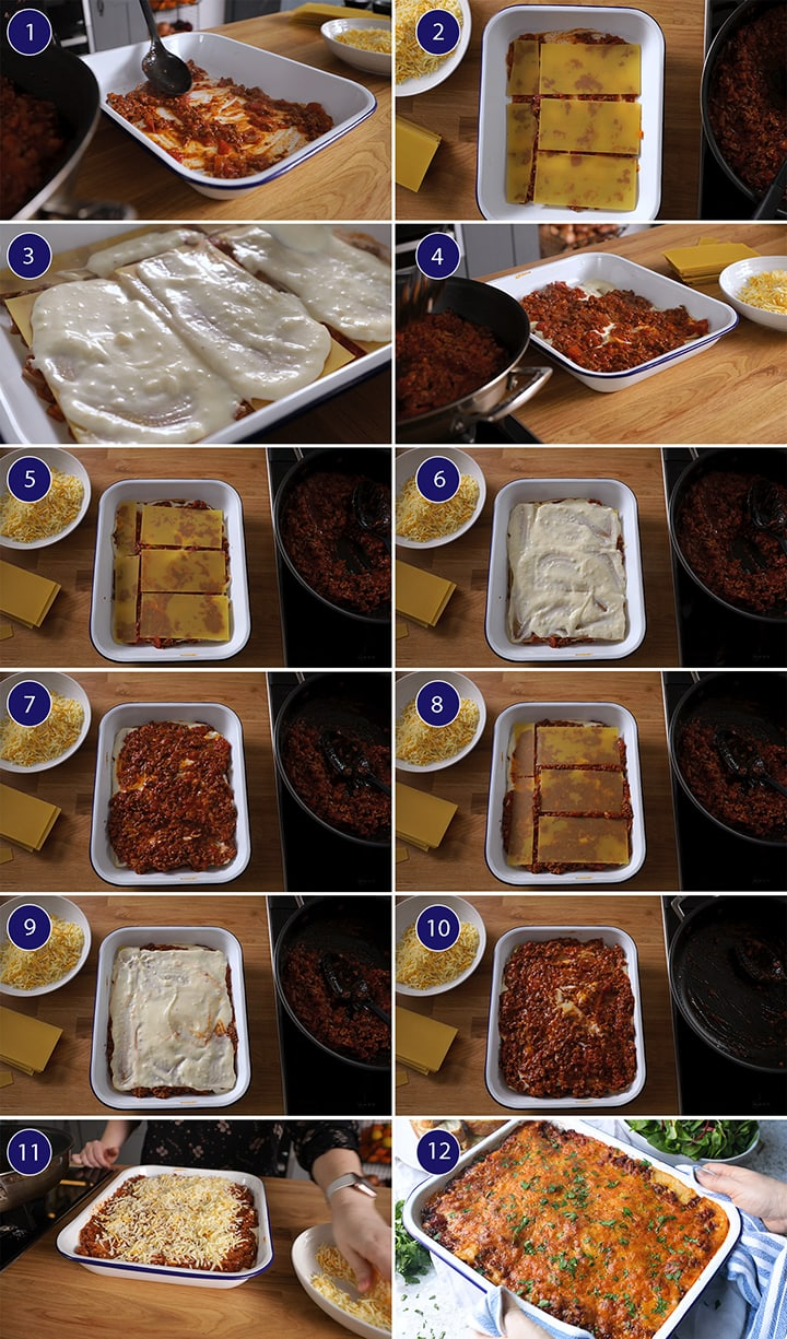 12 image collage of steps to assemble lasagne