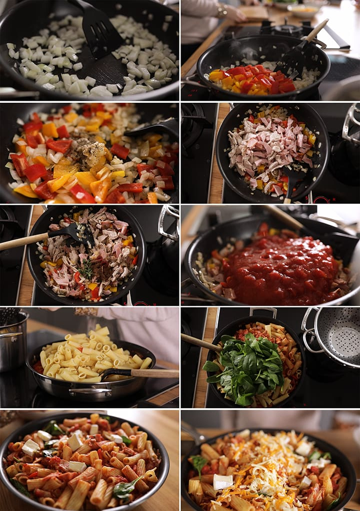 10 image collage showing how to make leftover turkey, ham and cheese pasta bake