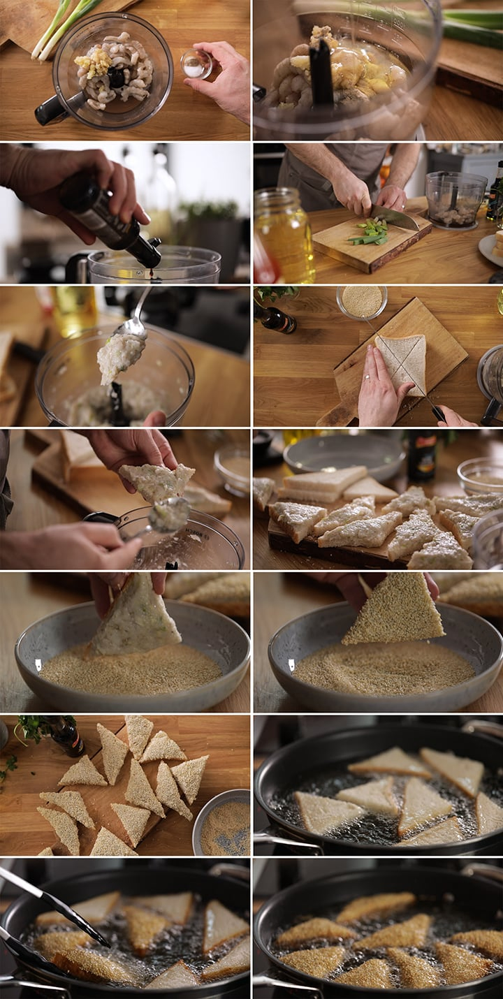 14 image collage showing how to make prawn toast