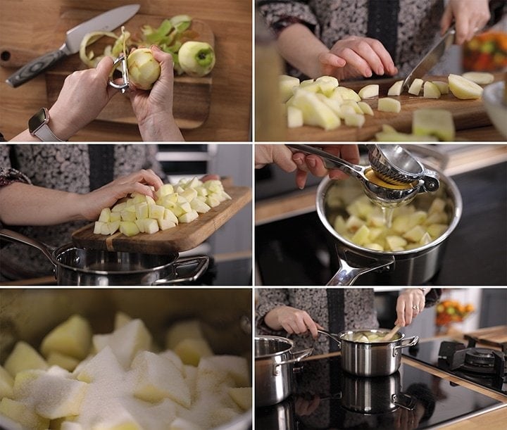 6 image collage showing how to make apple sauce