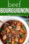 White dish filled with beef bourguignon