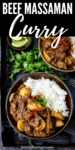 Beef massaman curry with rice in a dark bowl