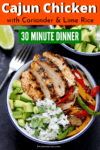 Bowl filled with sliced Cajun chicken, rice, avocado and peppers