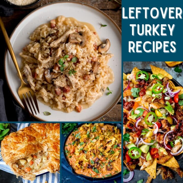 A collage of pictures showing four different recipes to use leftover turkey