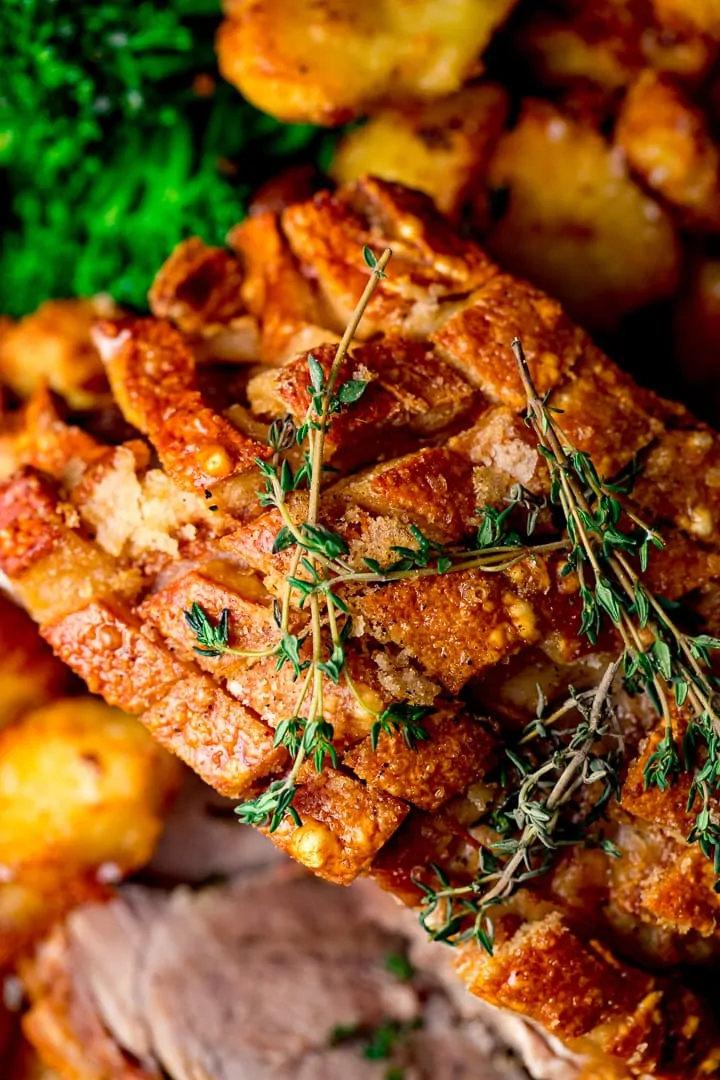 Close up of crispy crackling from a roast pork joint