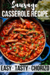 Sausage casserole in a blue pan with text overlay