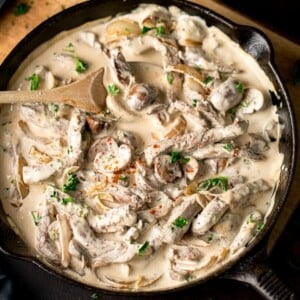 Beef stroganoff in a cast iron pan
